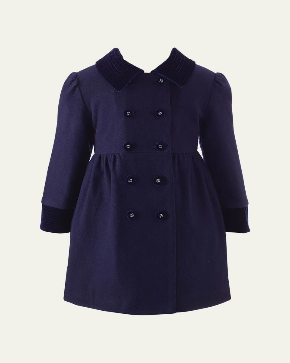 Girl's Velvet-Trim Double Breasted Coat, Size 2-